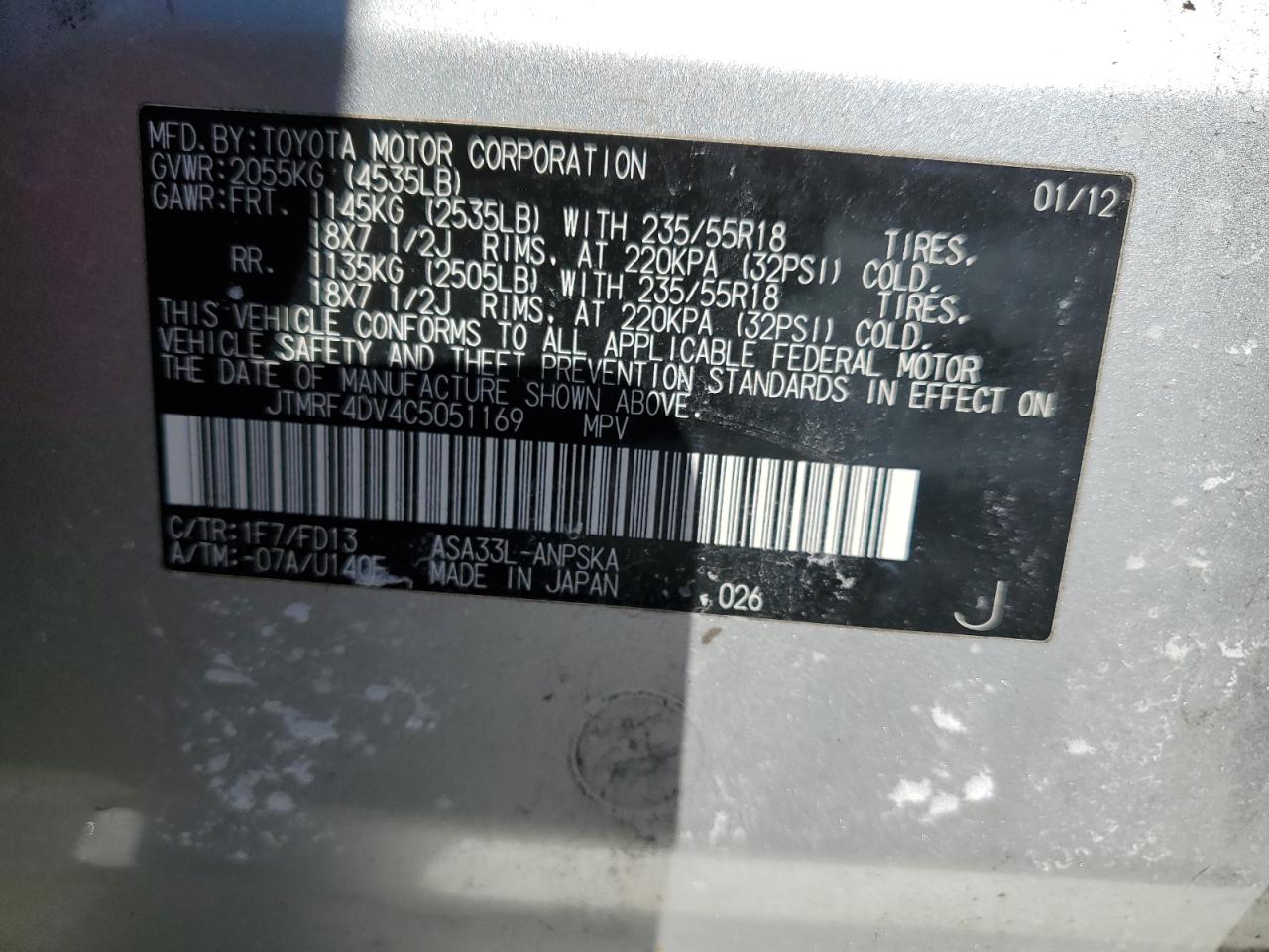 2012 Toyota RAV 4 VIN JTMRF4DV4C5051169 Copart auction photo, front end / rear end damage thumbnail 13