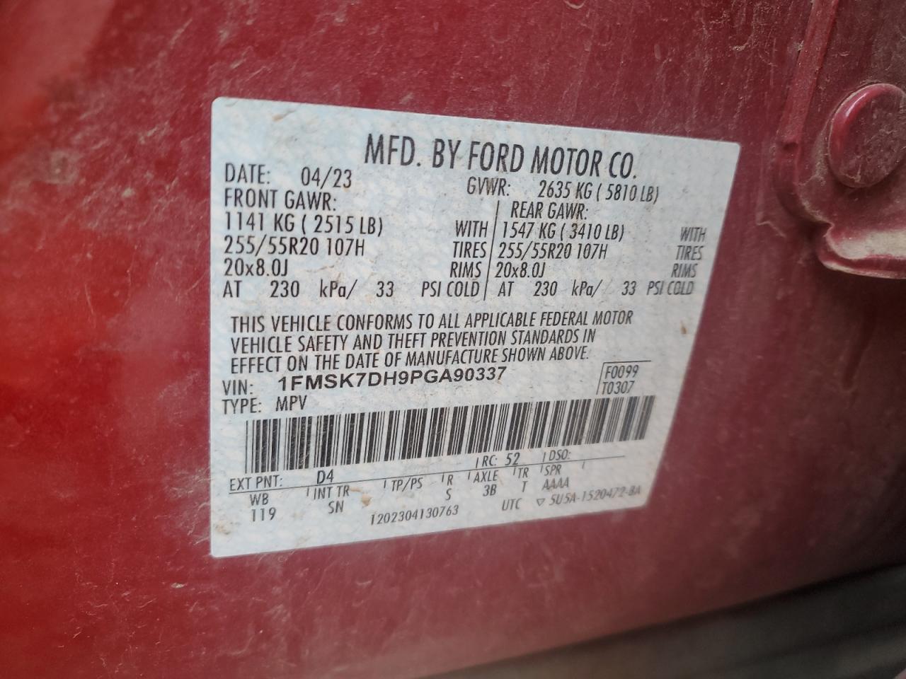 2023 Ford Explorer VIN 1FMSK7DH9PGA90337 Copart auction photo, rear end / minor dent/scratches damage thumbnail 14
