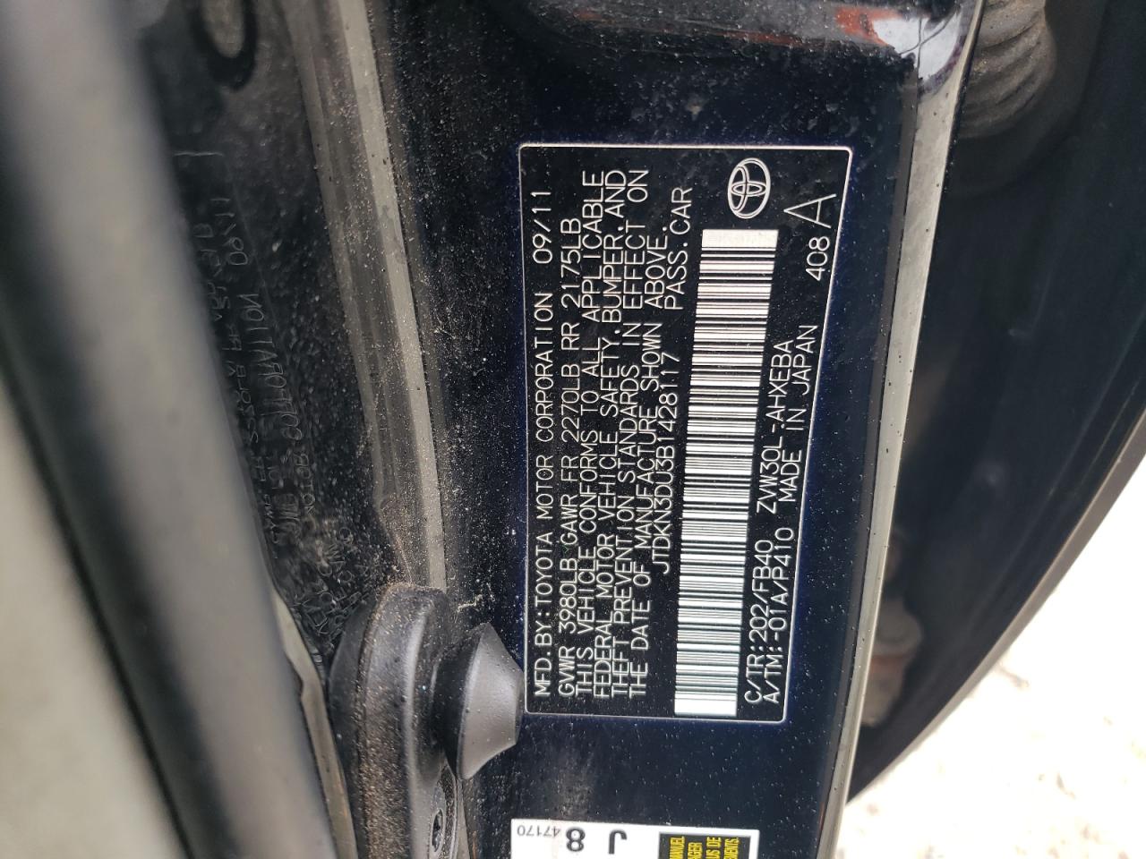 2011 Toyota Prius VIN JTDKN3DU3B1428117 Copart auction photo, rear end / minor dent/scratches damage thumbnail 13
