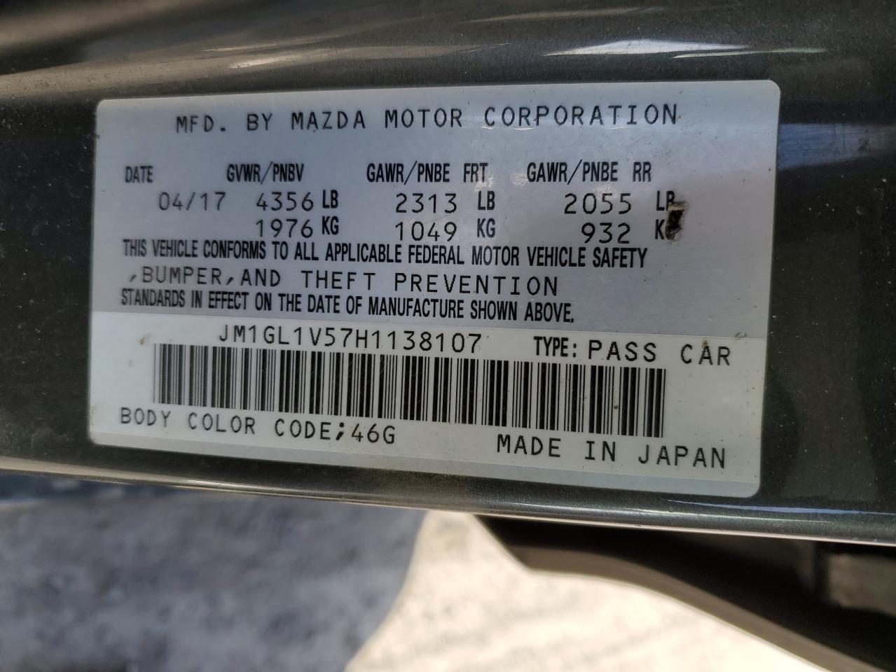 2017 Mazda 6 VIN JM1GL1V57H1138107 Copart auction photo, front end / side damage thumbnail 14