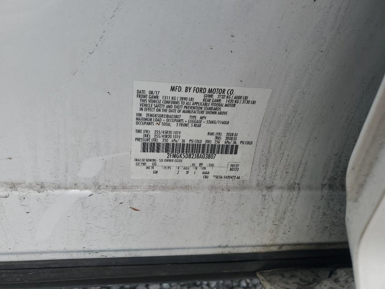 2018 Ford Flex VIN 2FMGK5D82JBA03807 Copart auction photo, front end / side damage thumbnail 12