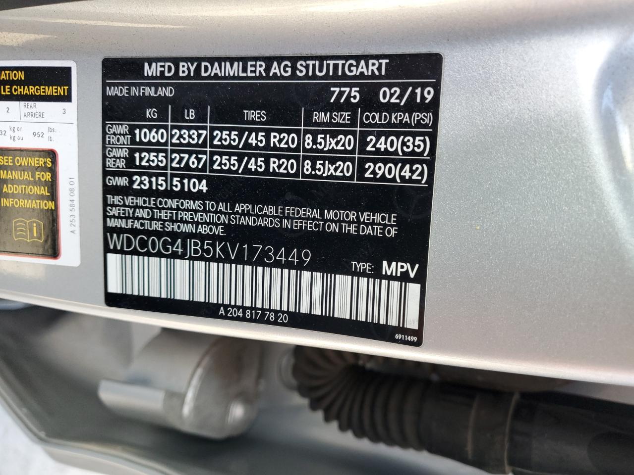2019 Mercedes-Benz GLC VIN WDC0G4JB5KV173449 Copart auction photo, front end damage thumbnail 13