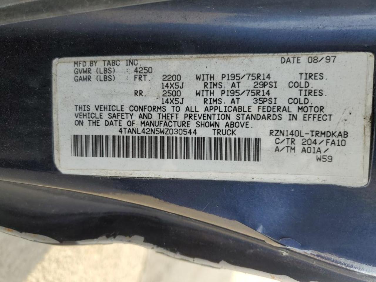 1998 Toyota Tacoma VIN 4TANL42N5WZ030544 Copart auction photo, side damage thumbnail 12