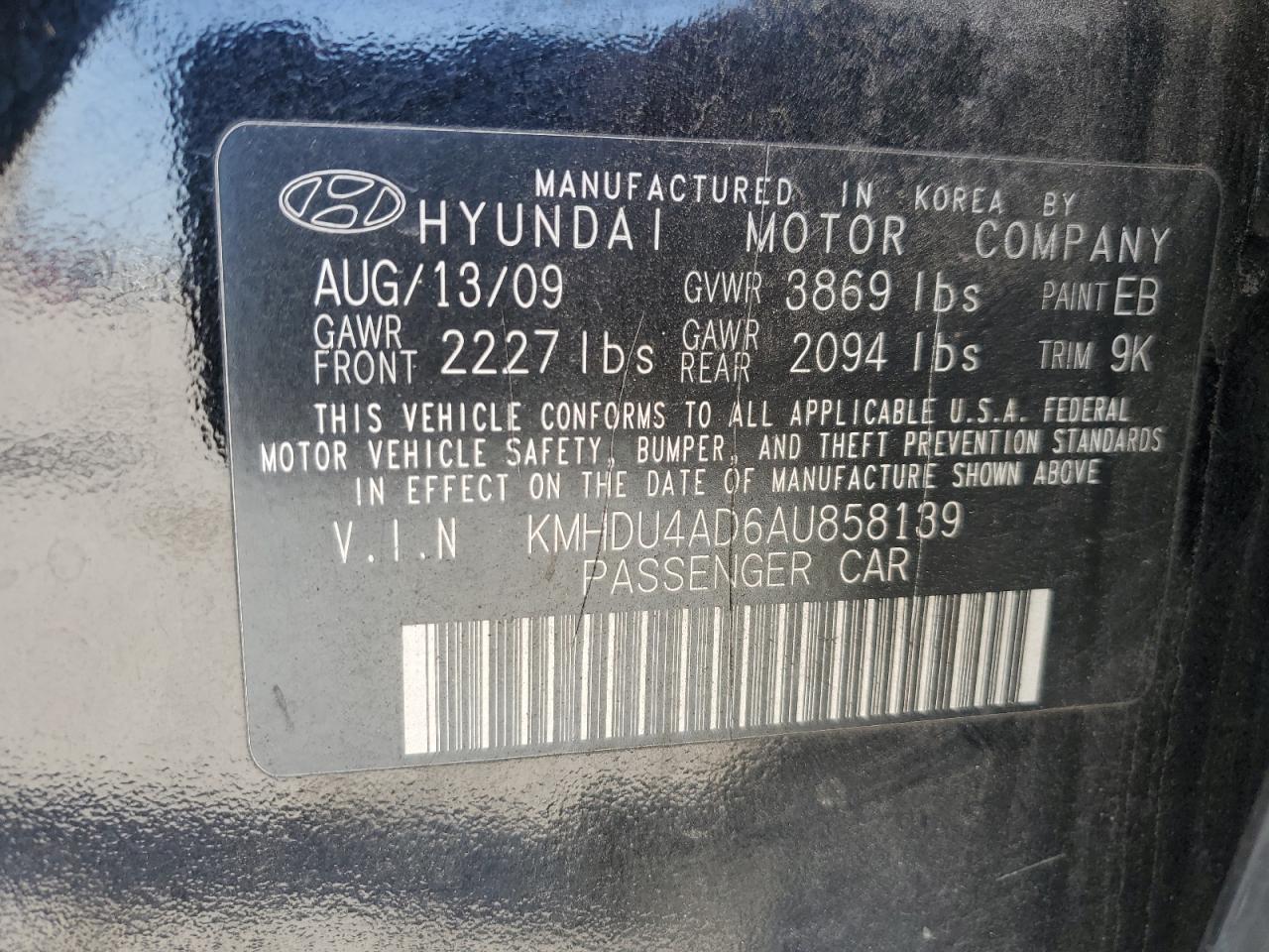 2010 Hyundai Elantra VIN KMHDU4AD6AU858139 Copart auction photo, side damage thumbnail 12