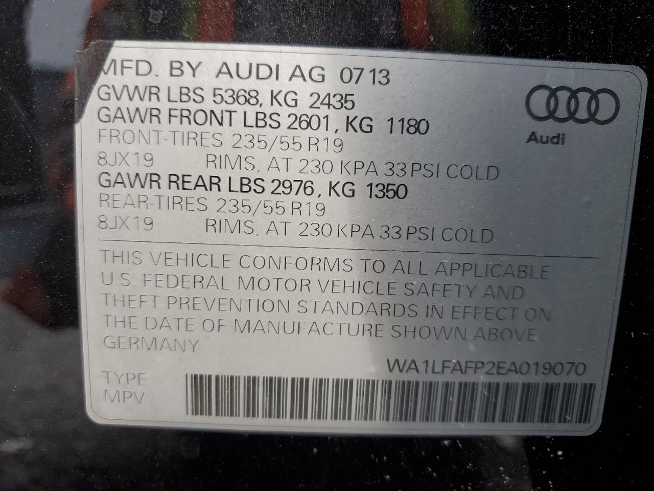 2014 Audi Q5 VIN WA1LFAFP2EA019070 Copart auction photo, front end damage thumbnail 14