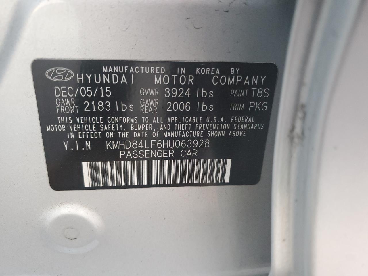 2017 Hyundai Elantra VIN KMHD84LF6HU063928 Copart auction photo, front end / side damage thumbnail 14