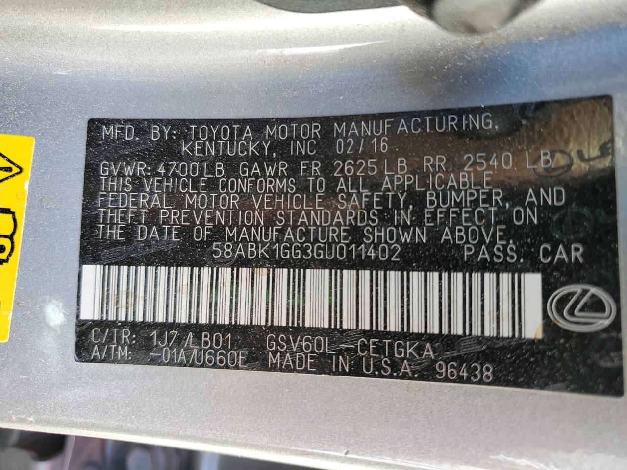2016 Lexus ES VIN 58ABK1GG3GU011402 Copart auction photo, front end / side damage thumbnail 12