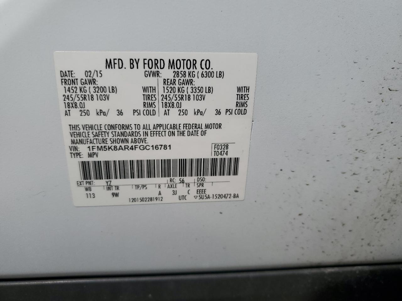 2015 Ford Explorer VIN 1FM5K8AR4FGC16781 Copart auction photo, front end damage thumbnail 13