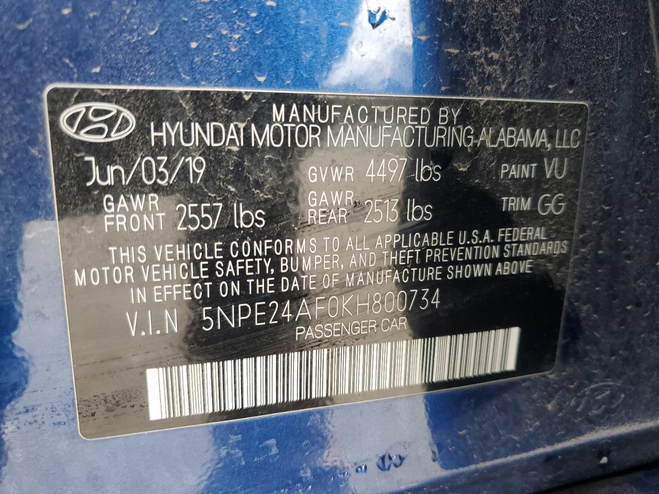 2019 Hyundai Sonata VIN 5NPE24AF0KH800734 Copart auction photo, front end / minor dent/scratches damage thumbnail 12