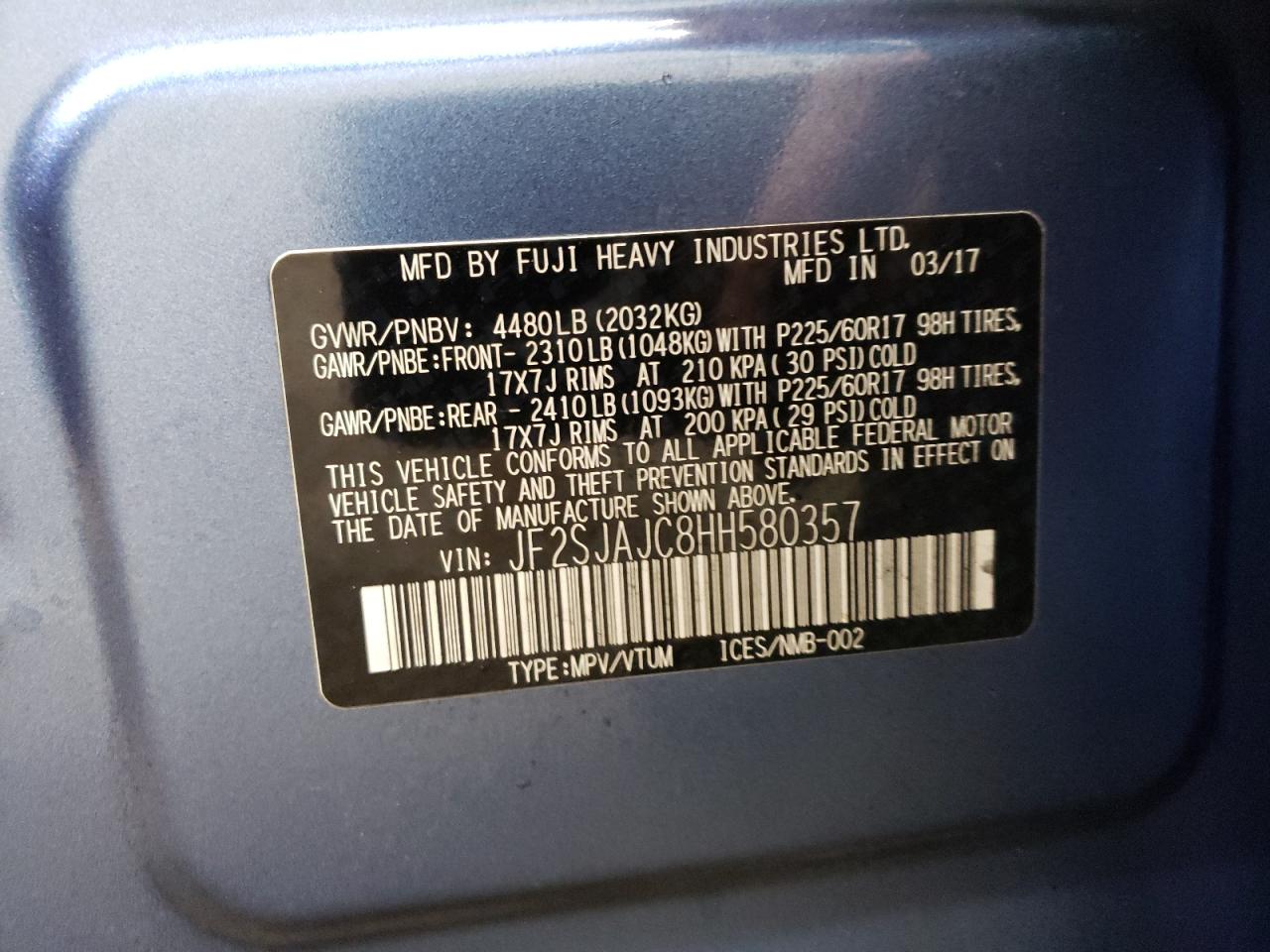 2017 Subaru Forester VIN JF2SJAJC8HH580357 Copart auction photo, front end damage thumbnail 13
