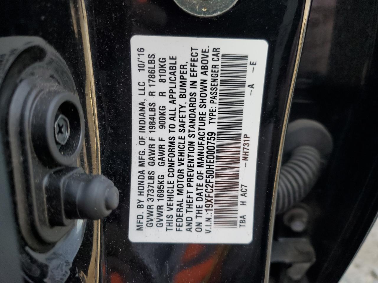 2017 Honda Civic VIN 19XFC2F50HE000759 Copart auction photo, all over damage thumbnail 13