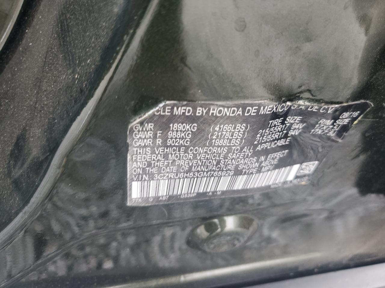 2016 Honda HR-V VIN 3CZRU6H53GM765929 Copart auction photo, all over damage thumbnail 13