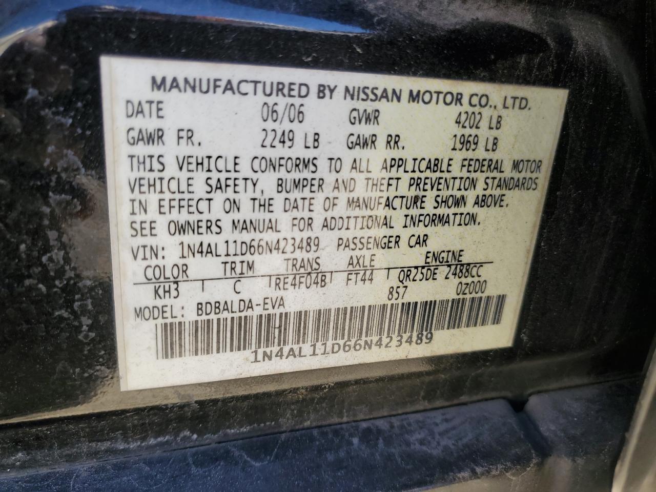 2006 Nissan Altima VIN 1N4AL11D66N423489 Copart auction photo, front end / side damage thumbnail 14