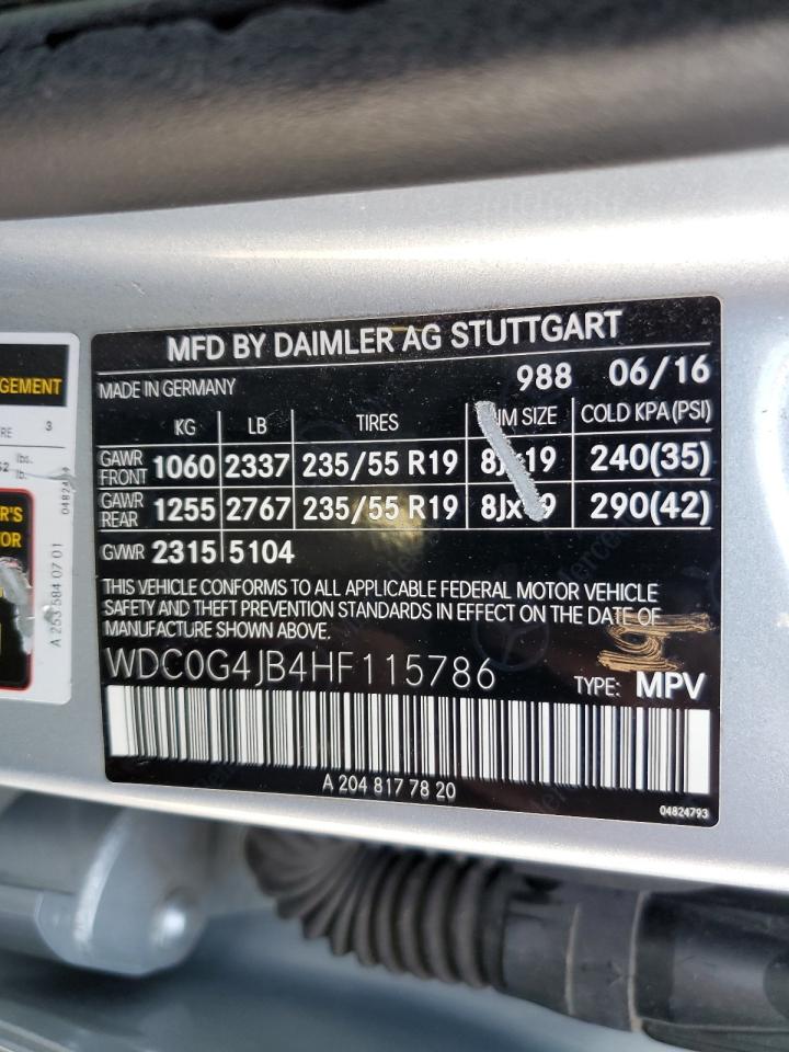 2017 Mercedes-Benz GLC VIN WDC0G4JB4HF115786 Copart auction photo, frame damage damage thumbnail 14