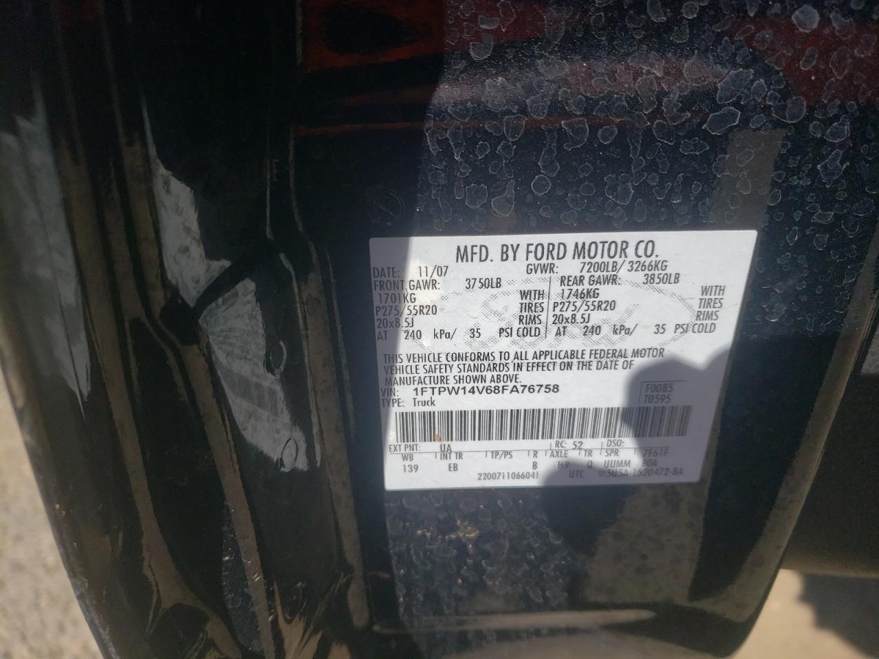 2008 Ford F-150 VIN 1FTPW14V68FA76758 Copart auction photo, all over damage thumbnail 12