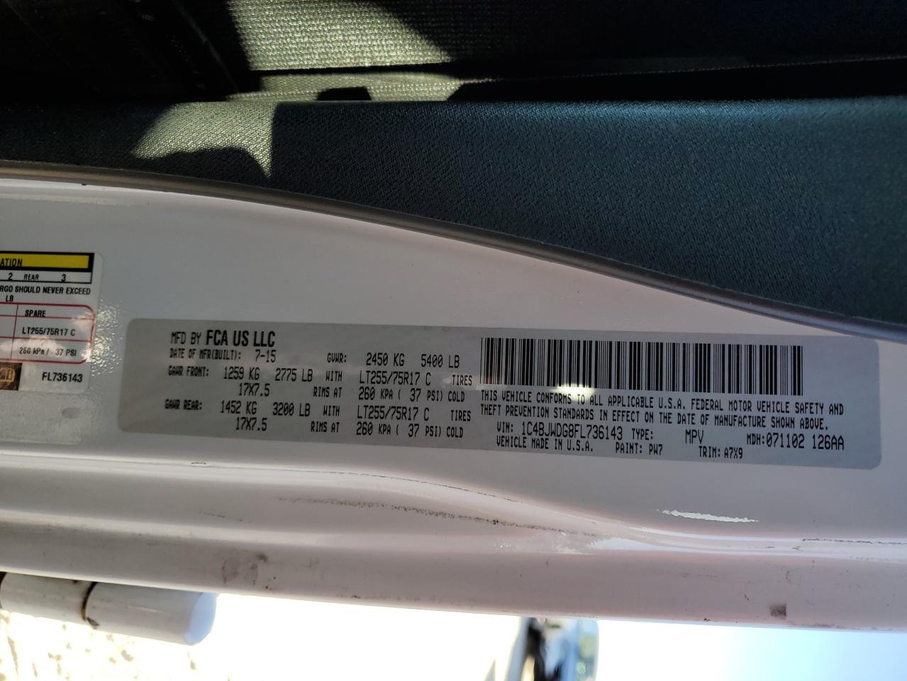 2015 Jeep Wrangler VIN 1C4BJWDG8FL736143 Copart auction photo, side damage thumbnail 12