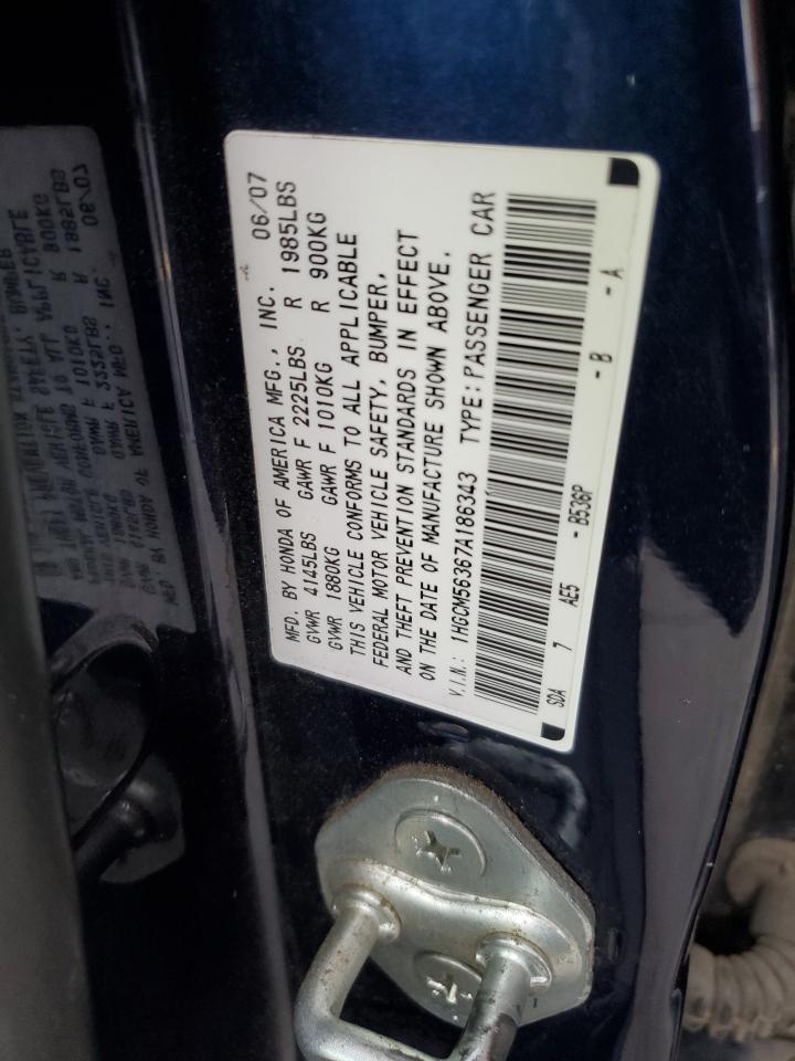 2007 Honda Accord VIN 1HGCM56367A186343 Copart auction photo, front end / hail damage thumbnail 13