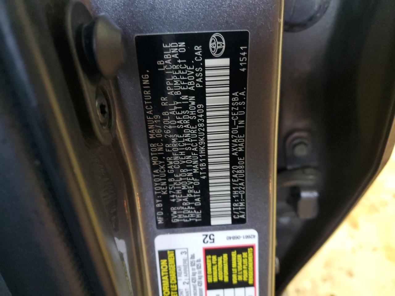 2019 Toyota Camry VIN 4T1B11HK9KU283409 Copart auction photo, front end damage thumbnail 12
