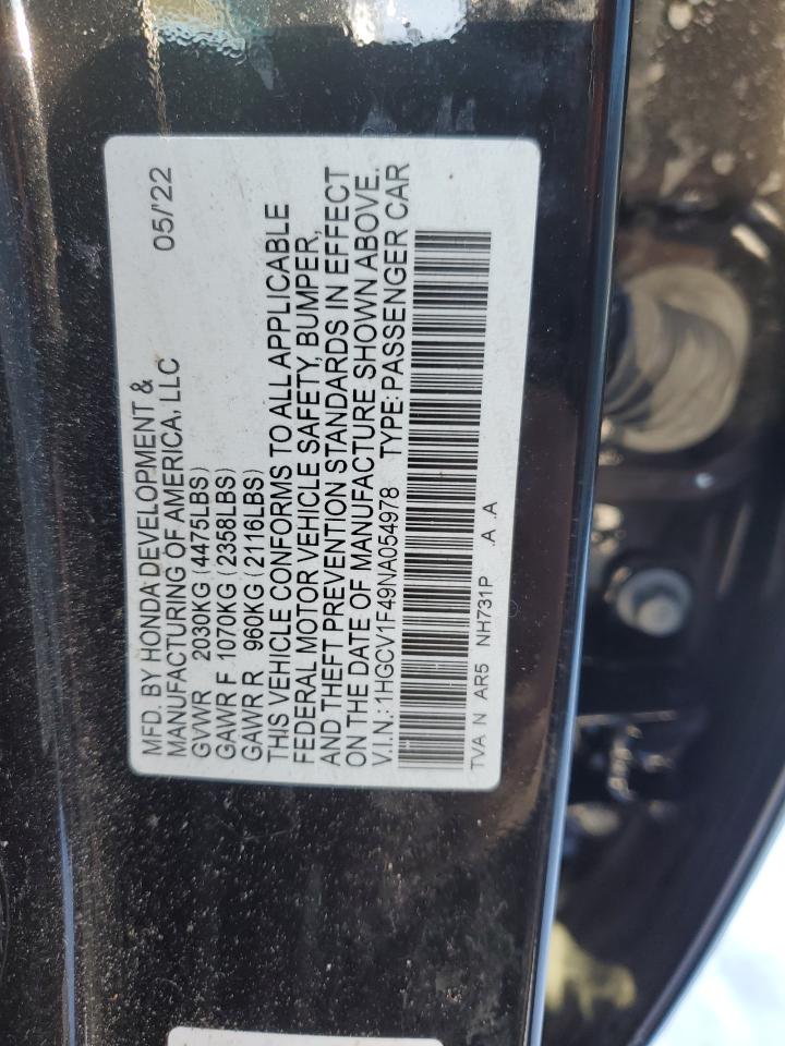 2022 Honda Accord VIN 1HGCV1F49NA054978 Copart auction photo, side damage thumbnail 12