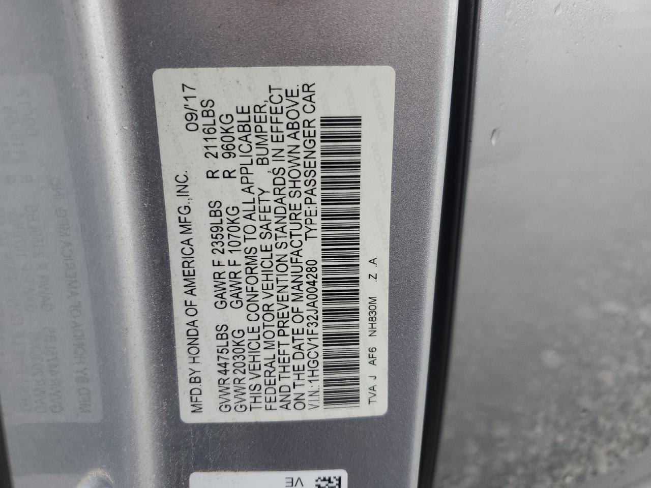 2018 Honda Accord VIN 1HGCV1F32JA004280 Copart auction photo, mechanical / minor dent/scratches damage thumbnail 12