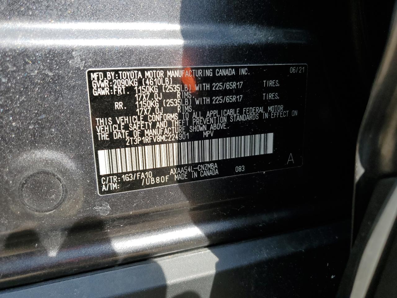2021 Toyota RAV 4 VIN 2T3P1RFV8MC224901 Copart auction photo, front end / side damage thumbnail 15