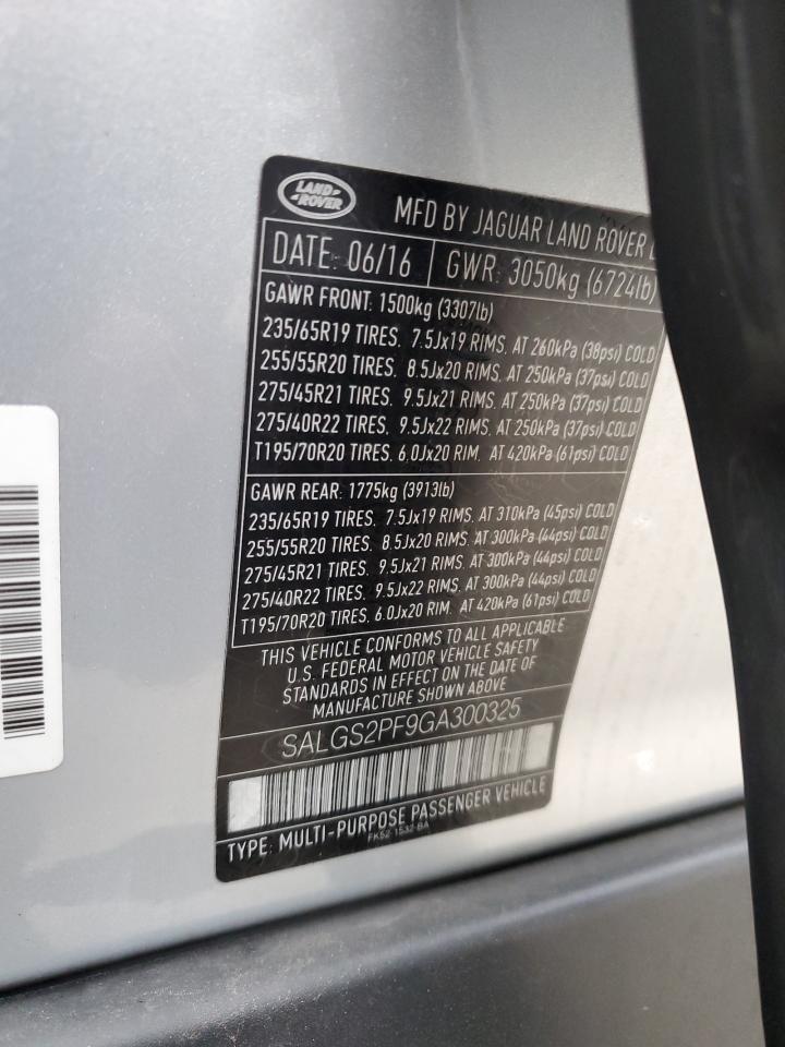 2016 Land Rover Range Rover VIN SALGS2PF9GA300325 Copart auction photo, front end / rear end damage thumbnail 13
