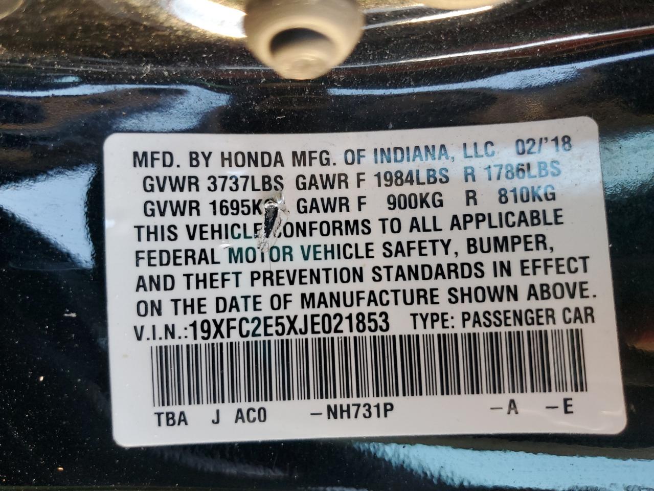2018 Honda Civic VIN 19XFC2E5XJE021853 Copart auction photo, front end / rear end damage thumbnail 12