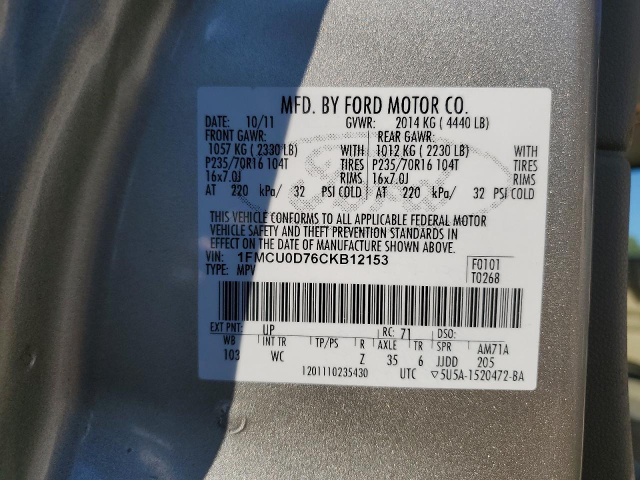 2012 Ford Escape VIN 1FMCU0D76CKB12153 Copart auction photo, front end damage thumbnail 15
