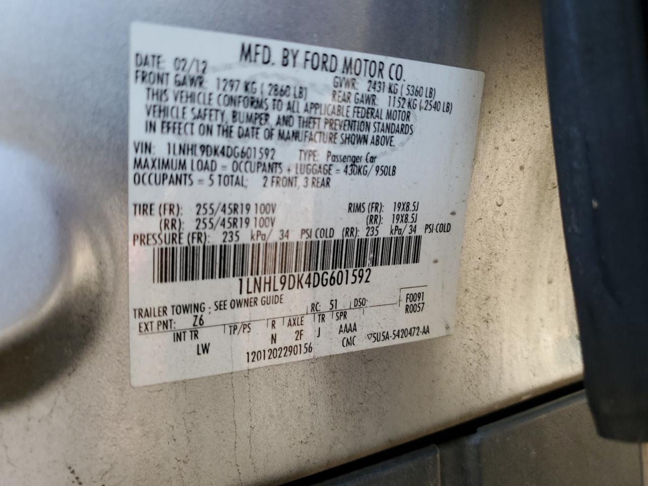 2013 Lincoln MKS VIN 1LNHL9DK4DG601592 Copart auction photo, front end / undercarriage damage thumbnail 12