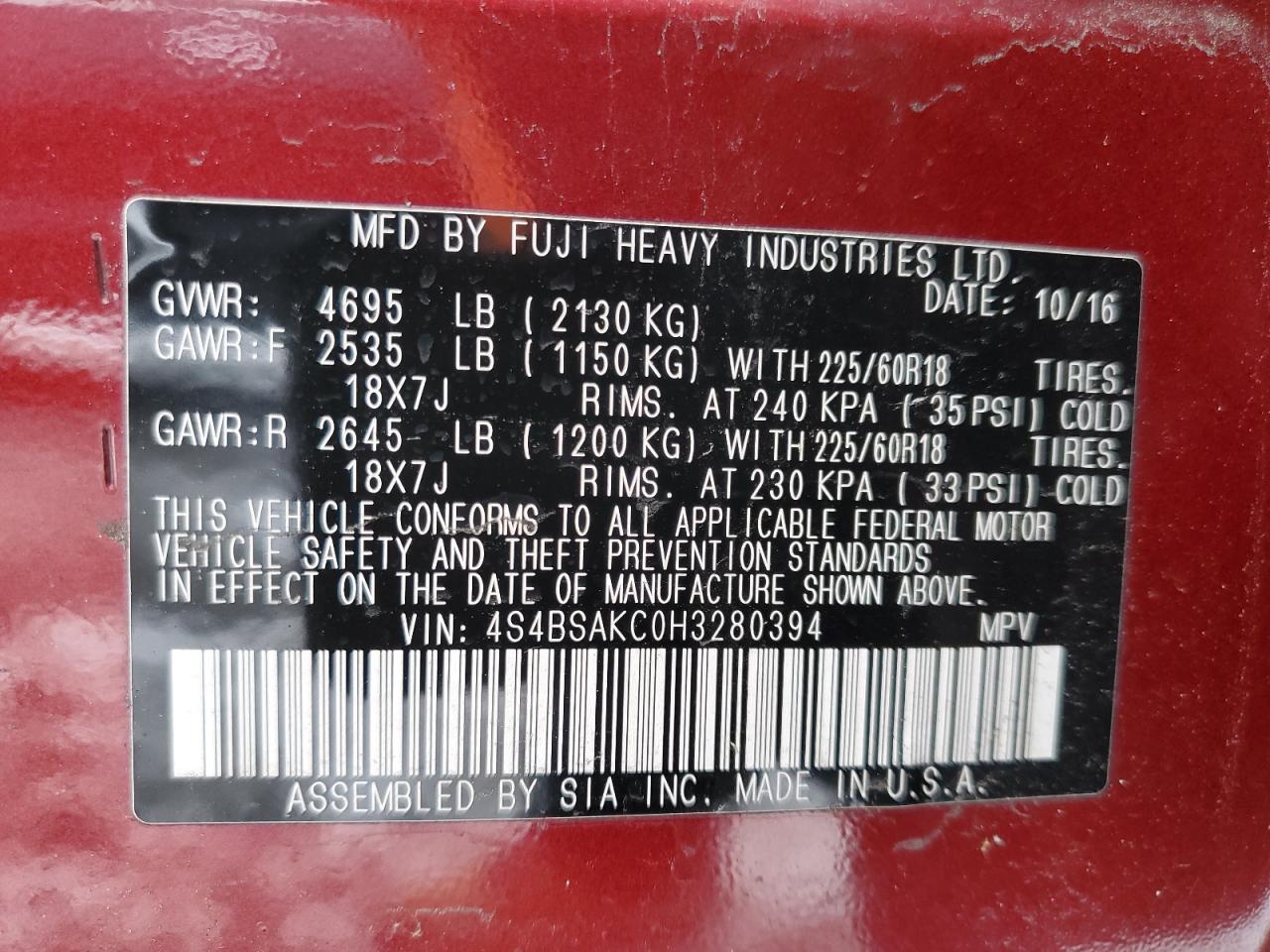 2017 Subaru Outback VIN 4S4BSAKC0H3280394 Copart auction photo, rear end / side damage thumbnail 13