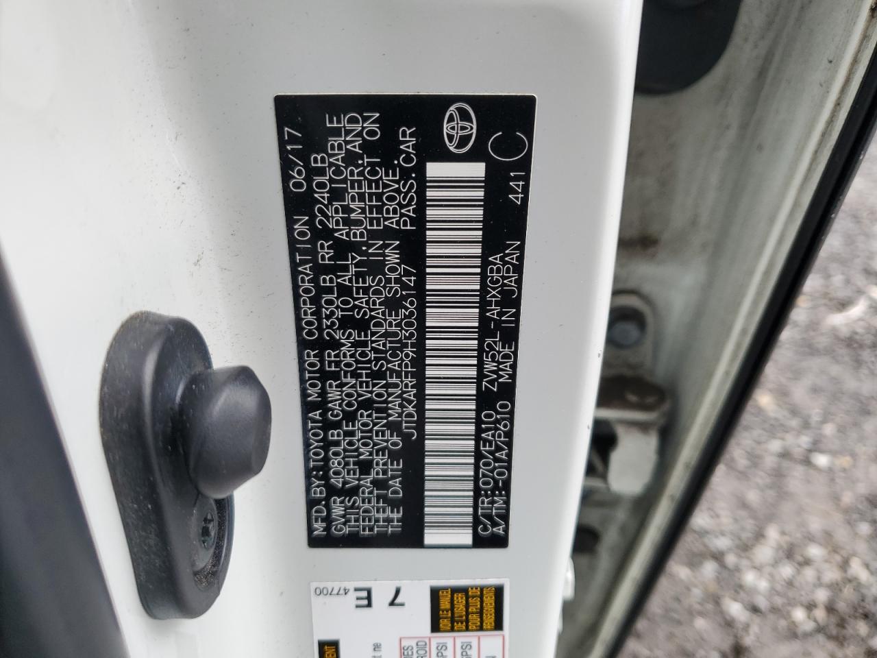 2017 Toyota Prius VIN JTDKARFP9H3036147 Copart auction photo, side / undercarriage damage thumbnail 14