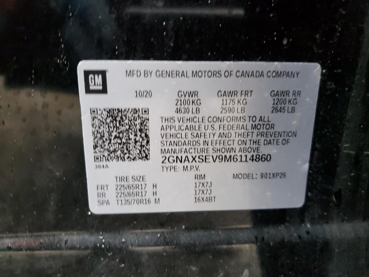 2021 Chevrolet Equinox VIN 2GNAXSEV9M6114860 Copart auction photo, rollover damage thumbnail 15