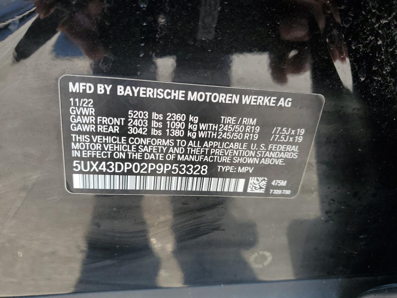 2023 BMW X3 VIN 5UX43DP02P9P53328 Copart auction photo, water/flood damage thumbnail 14