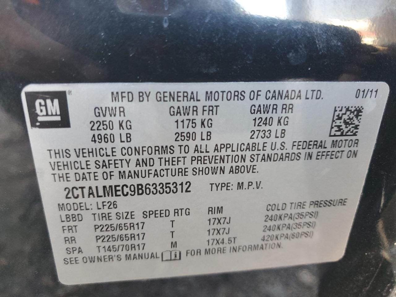 2011 GMC Terrain VIN 2CTALMEC9B6335312 Copart auction photo, rear end / front end damage thumbnail 13