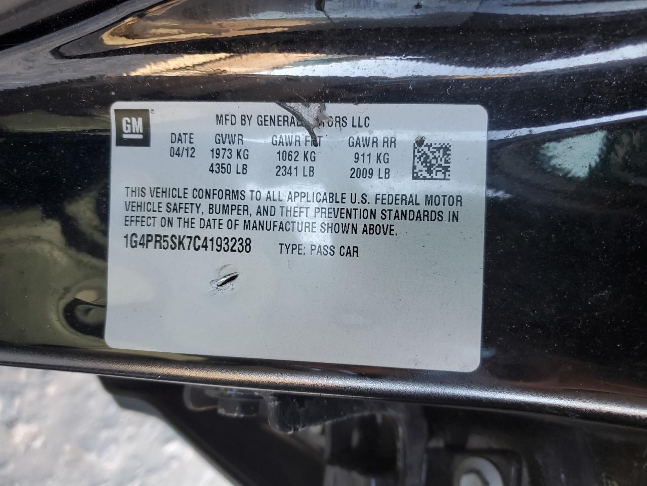 2012 Buick Verano VIN 1G4PR5SK7C4193238 Copart auction photo, rear end damage thumbnail 12