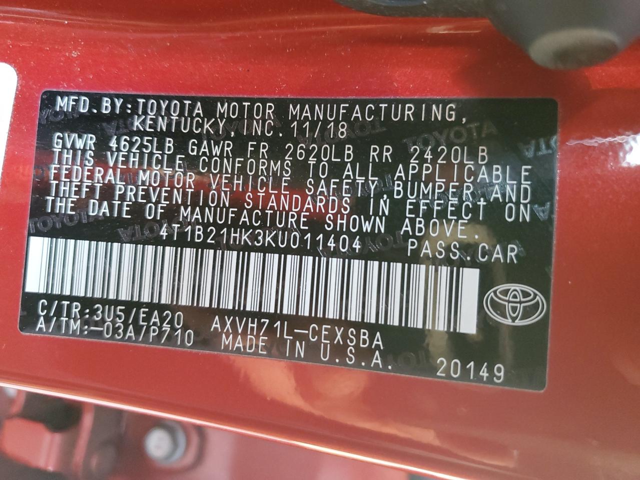 2019 Toyota Camry VIN 4T1B21HK3KU011404 Copart auction photo, front end damage thumbnail 13