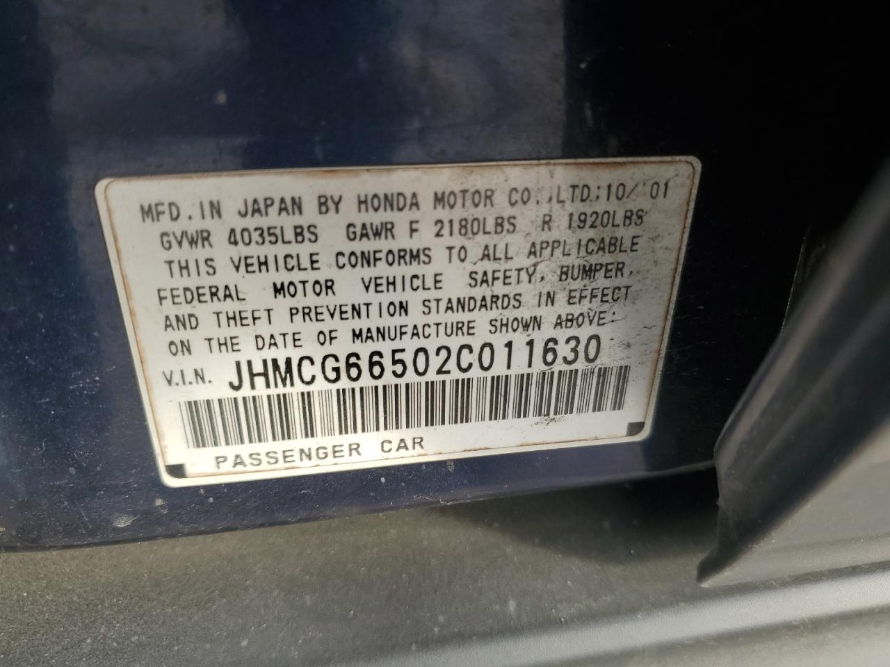 2002 Honda Accord VIN JHMCG66502C011630 Copart auction photo, front end / side damage thumbnail 12