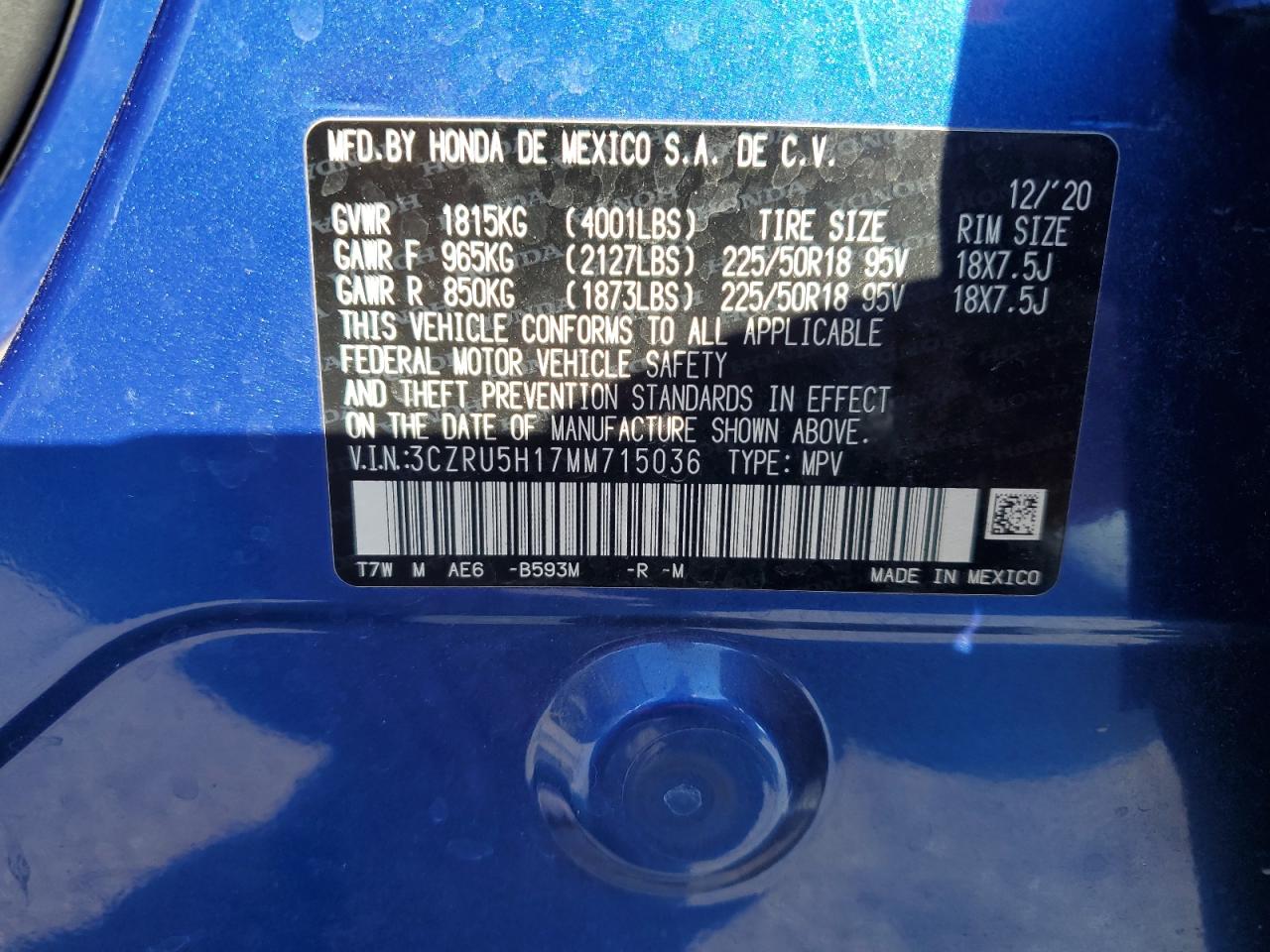 2021 Honda HR-V VIN 3CZRU5H17MM715036 Copart auction photo, all over damage thumbnail 12