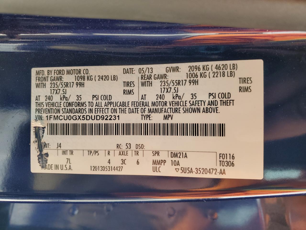 2013 Ford Escape VIN 1FMCU0GX5DUD92231 Copart auction photo, front end damage thumbnail 12