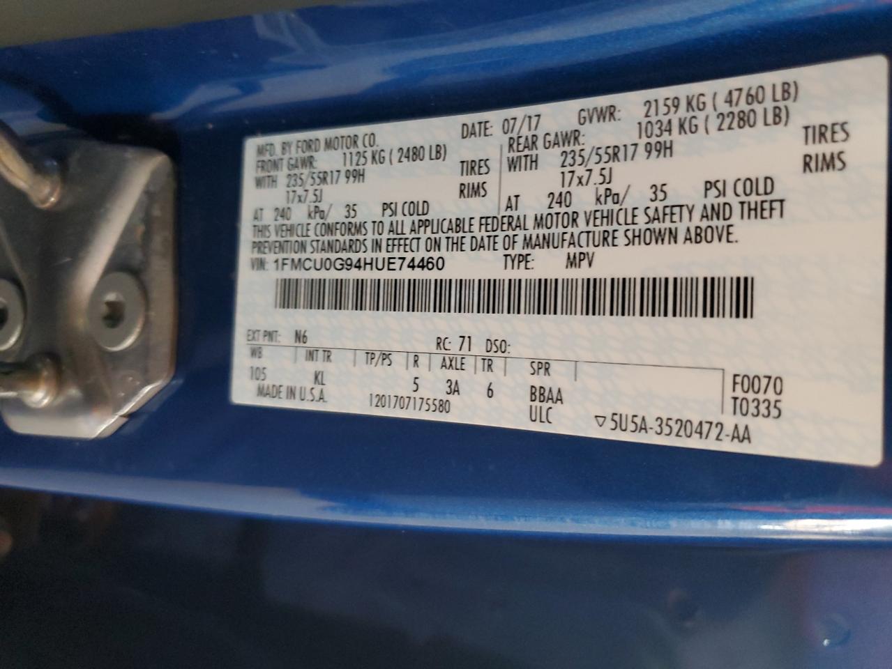 2017 Ford Escape VIN 1FMCU0G94HUE74460 Copart auction photo, front end damage thumbnail 14