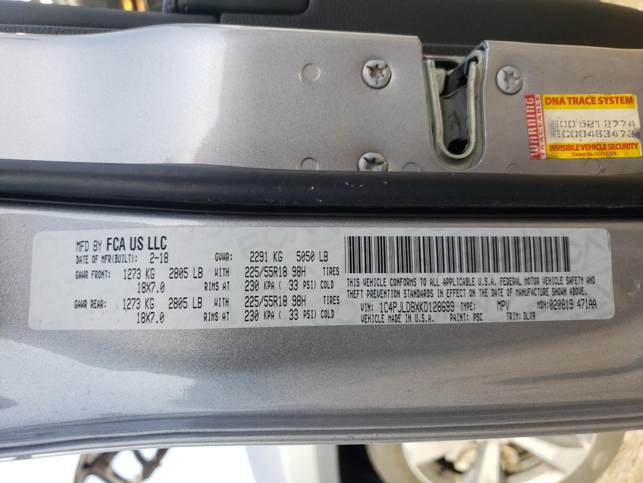 2019 Jeep Grand Cherokee VIN 1C4PJLDBXKD128699 Copart auction photo, front end damage thumbnail 16