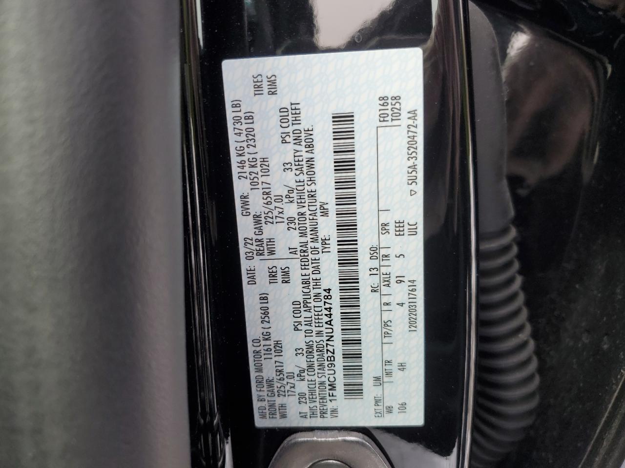 2022 Ford Escape VIN 1FMCU9BZ7NUA44784 Copart auction photo, side / minor dent/scratches damage thumbnail 13