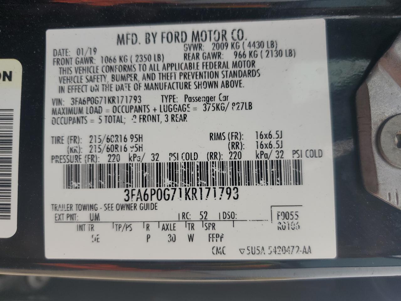 2019 Ford Fusion VIN 3FA6P0G71KR171793 Copart auction photo, all over / undercarriage damage thumbnail 14