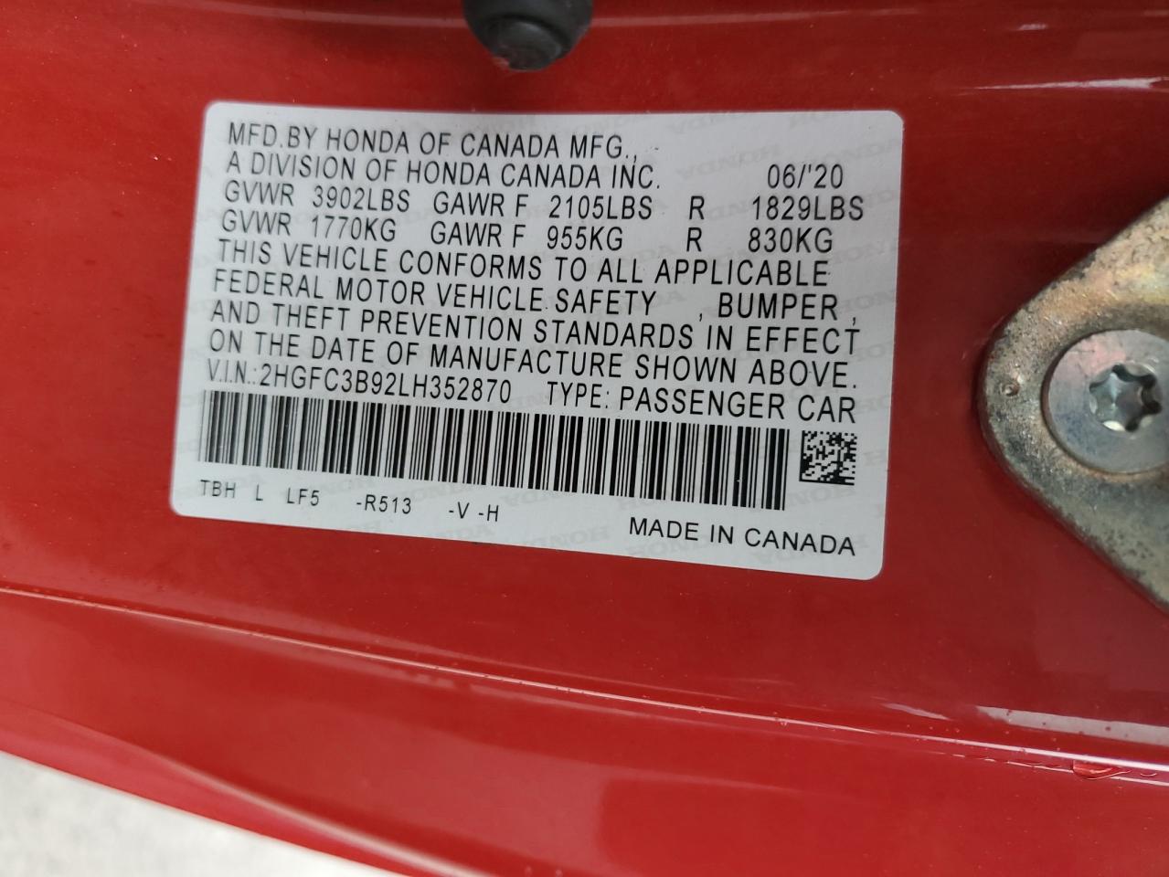 2020 Honda Civic VIN 2HGFC3B92LH352870 Copart auction photo, front end / side damage thumbnail 14