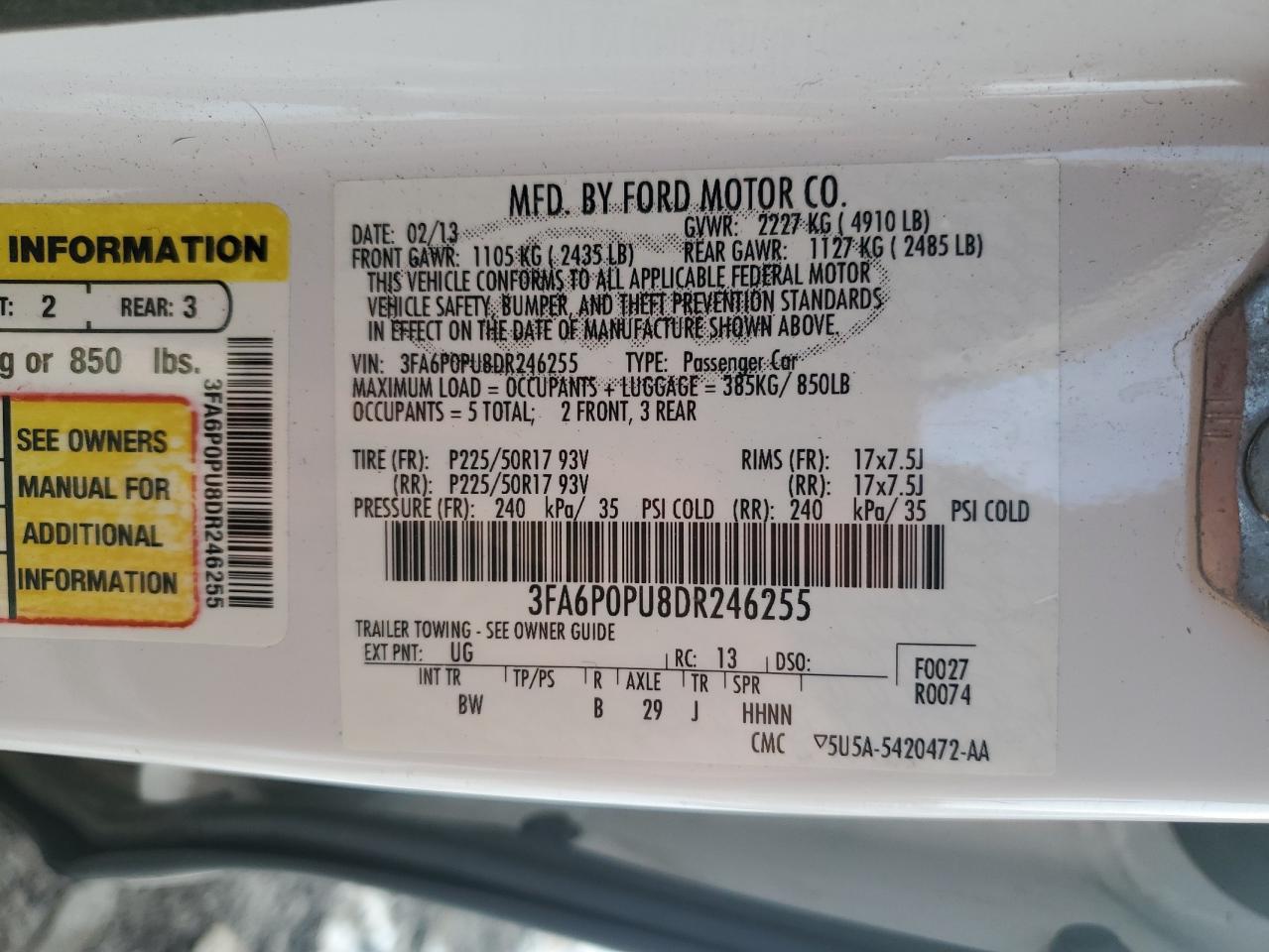 2013 Ford Fusion VIN 3FA6P0PU8DR246255 Copart auction photo, front end damage thumbnail 13