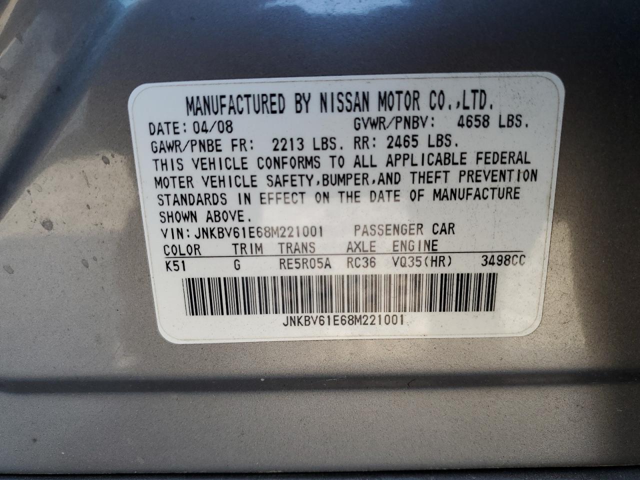 2008 Infiniti G VIN JNKBV61E68M221001 Copart auction photo, front end damage thumbnail 12