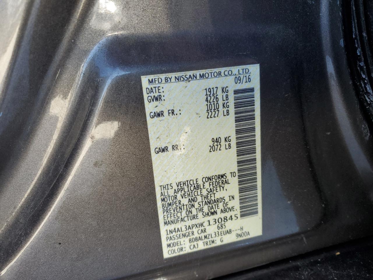2017 Nissan Altima VIN 1N4AL3APXHC130845 Copart auction photo, rear end / front end damage thumbnail 13