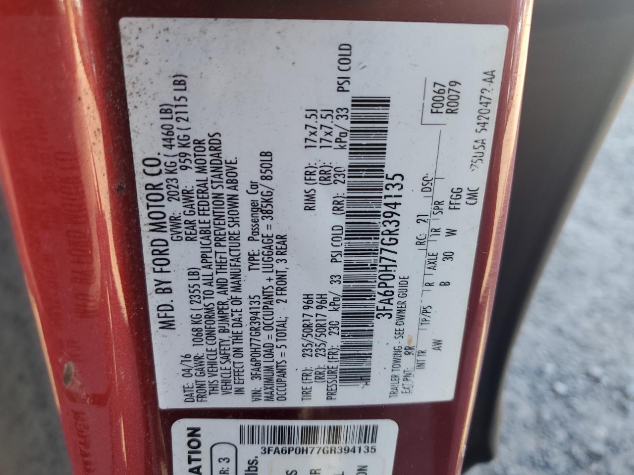 2016 Ford Fusion VIN 3FA6P0H77GR394135 Copart auction photo, front end damage thumbnail 12