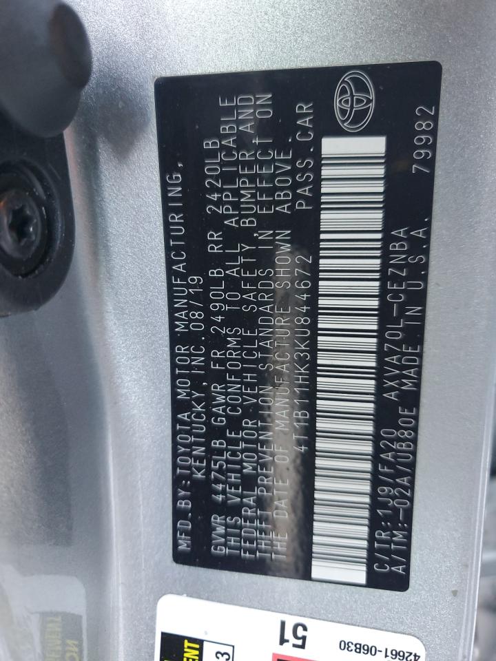 2019 Toyota Camry VIN 4T1B11HK3KU844672 Copart auction photo, front end / minor dent/scratches damage thumbnail 14