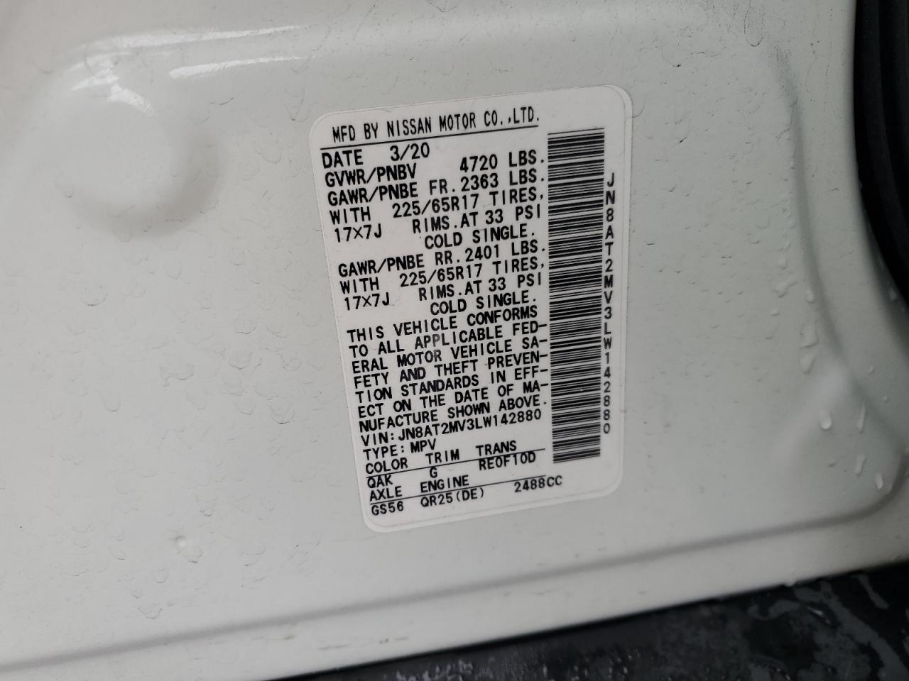 2020 Nissan Rogue VIN JN8AT2MV3LW142880 Copart auction photo, front end damage thumbnail 14